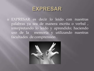   EXPRESAR es decir lo leído con nuestras
    palabras ya sea de manera escrita o verbal ,
    interpretando lo leído y aprendido; haciendo
    uso de la memoria y utilizando nuestras
    facultades de comprensión .
 