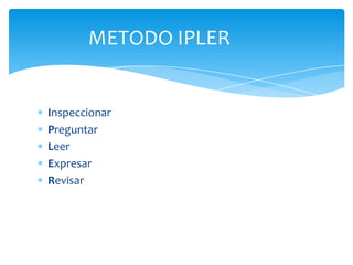 METODO IPLER


Inspeccionar
Preguntar
Leer
Expresar
Revisar
 