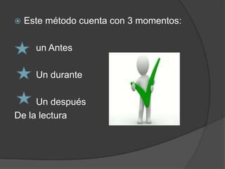    Este método cuenta con 3 momentos:

      un Antes

      Un durante

     Un después
De la lectura
 