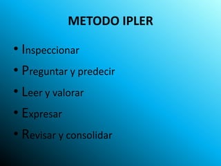 METODO IPLER

• Inspeccionar
• Preguntar y predecir
• Leer y valorar
• Expresar
• Revisar y consolidar
 