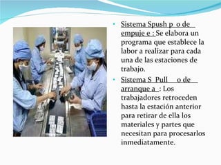 Sistema  ₺ push  ₺   o de  ₺  empuje  ₺  :  Se elabora un programa que establece la labor a realizar para cada una de las estaciones de trabajo. Sistema  ₺   Pull  ₺   o de  ₺   arranque  ₺   : Los trabajadores retroceden hasta la estación anterior para retirar de ella los materiales y partes que necesitan para procesarlos inmediatamente. 