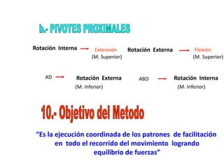 Rotación Externa
Rotación Interna Extensión Flexión
(M. Superior) (M. Superior)
AD Rotación Externa ABD Rotación Interna
(M. Inferior) (M. Inferior)
“Es la ejecución coordinada de los patrones de facilitación
en todo el recorrido del movimiento logrando
equilibrio de fuerzas”
 