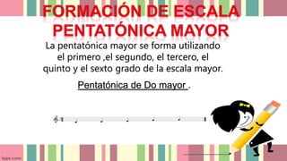 La pentatónica mayor se forma utilizando
el primero ,el segundo, el tercero, el
quinto y el sexto grado de la escala mayor.
Pentatónica de Do mayor .
 