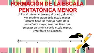 Utiliza el primer, el tercero, el cuarto, el quinto
y el séptimo grado de la escala menor
natural, tiene las mismas notas de la
pentatónica mayor, sólo que tiene que
empezar en la tónica de la escala menor.
Pentatónica de la menor.
 