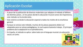 Aplicación Escolar.
• A pesar de la publicación de diversos materiales que adoptan el método al folklore
de distintos países , en los países donde la educación musical carece de importancia,
este método no ha tenido éxito.
• Este sistema va desde la educación especial a todos los niveles de la enseñanza
general.
• Aunque se conoce este método, muchas de las piezas populares deben ser
adaptadas para ser piezas pedagógicas, lo cual supone bastante trabajo . El principal
problema de la adaptación es el pentafonismo.
• En España, el método se aplica sobre todo con el lenguaje musical y la educación
vocal y el canto.
 