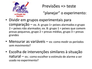 Previsões => teste “planejar” o experimento: Dividir em grupos experimentais para comparação –  ex. A: grupo 1= peixes alarmados e grupo 2 = peixes não alarmados; ex. B: grupo 1 = peixes que comem presas pequenas, grupo 2 = presas médias, grupo 3 = presas grandes Mensurar as variáveis –  ex: como medir os períodos sem movimento? Escolha de intervenções similares à situação natural –  ex.: como escolher o estímulo de alarme a ser usado no experimento? 
