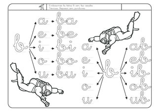 Enlazamos la letra B con las vocales
Técnica: Repasar con pinturas.
baba
bebe
bibi
bobo
bubu
bb
aa
ee
ii
oo
uu bb
aa
ee
ii
oo
uu
abab
ebeb
ibib
obob
ubub
 