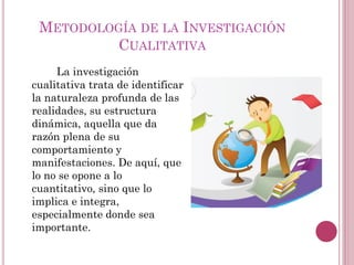La investigación
cualitativa trata de identificar
la naturaleza profunda de las
realidades, su estructura
dinámica, aquella que da
razón plena de su
comportamiento y
manifestaciones. De aquí, que
lo no se opone a lo
cuantitativo, sino que lo
implica e integra,
especialmente donde sea
importante.
METODOLOGÍA DE LA INVESTIGACIÓN
CUALITATIVA
 