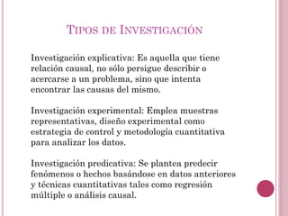 Investigación explicativa: Es aquella que tiene
relación causal, no sólo persigue describir o
acercarse a un problema, sino que intenta
encontrar las causas del mismo.
Investigación experimental: Emplea muestras
representativas, diseño experimental como
estrategia de control y metodología cuantitativa
para analizar los datos.
Investigación predicativa: Se plantea predecir
fenómenos o hechos basándose en datos anteriores
y técnicas cuantitativas tales como regresión
múltiple o análisis causal.
TIPOS DE INVESTIGACIÓN
 
