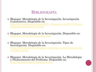  Blogspot. Metodología de la Investigación. Investigación
Cuantitativa. Disponible en:
http://metodologiaeconomia2011.blogspot.com/2011/05/inve
stigacion-cuantitativa.html
 Blogspot. Metodología de la Investigación. Disponible en:
http://manuelgalan.blogspot.com/
 Blogspot. Metodología de la Investigación. Tipos de
Investigación. Disponible en:
http://metodologia02.blogspot.com/p/operacionalizacion-de-
variables.html
 Blogspot. Metodología de la Investigación. La Metodología
y Planteamiento del Problema. Disponible en:
http://metodologia02.blogspot.com/
BIBLIOGRAFÍA
 