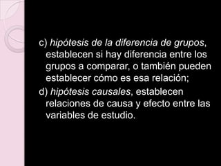 c) hipótesis de la diferencia de grupos,
establecen si hay diferencia entre los
grupos a comparar, o también pueden
establecer cómo es esa relación;
d) hipótesis causales, establecen
relaciones de causa y efecto entre las
variables de estudio.
 