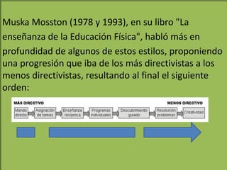 Muska Mosston (1978 y 1993), en su libro "La
enseñanza de la Educación Física", habló más en
profundidad de algunos de estos estilos, proponiendo
una progresión que iba de los más directivistas a los
menos directivistas, resultando al final el siguiente
orden:
 