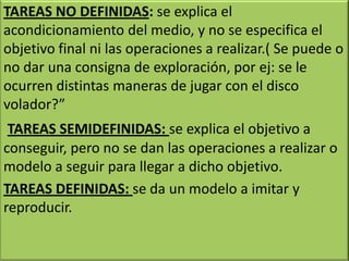 TAREAS NO DEFINIDAS: se explica el
acondicionamiento del medio, y no se especifica el
objetivo final ni las operaciones a realizar.( Se puede o
no dar una consigna de exploración, por ej: se le
ocurren distintas maneras de jugar con el disco
volador?”
TAREAS SEMIDEFINIDAS: se explica el objetivo a
conseguir, pero no se dan las operaciones a realizar o
modelo a seguir para llegar a dicho objetivo.
TAREAS DEFINIDAS: se da un modelo a imitar y
reproducir.
 