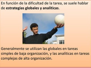 En función de la dificultad de la tarea, se suele hablar
de estrategias globales y analíticas.
Generalmente se utilizan las globales en tareas
simples de baja organización, y las analíticas en tareas
complejas de alta organización.
 