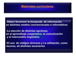 Materiales curriculares.

•Deben favorecer la búsqueda de información
en distintos medios convencionales e informáticos
•La elección de distintas opciones,
en el aprendizaje cooperativo, la comunicación
y el intercambio lingüístico
•El uso de códigos diversos y La utilización, como
recurso, de distintos escenarios

 