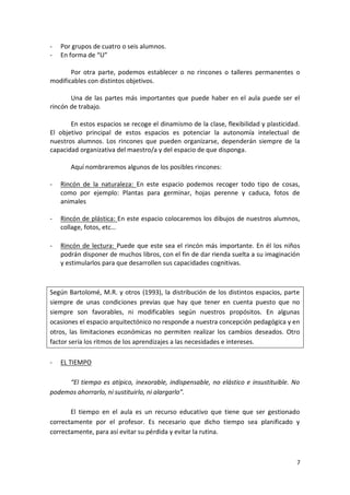 7
- Por grupos de cuatro o seis alumnos.
- En forma de “U”
Por otra parte, podemos establecer o no rincones o talleres permanentes o
modificables con distintos objetivos.
Una de las partes más importantes que puede haber en el aula puede ser el
rincón de trabajo.
En estos espacios se recoge el dinamismo de la clase, flexibilidad y plasticidad.
El objetivo principal de estos espacios es potenciar la autonomía intelectual de
nuestros alumnos. Los rincones que pueden organizarse, dependerán siempre de la
capacidad organizativa del maestro/a y del espacio de que disponga.
Aquí nombraremos algunos de los posibles rincones:
- Rincón de la naturaleza: En este espacio podemos recoger todo tipo de cosas,
como por ejemplo: Plantas para germinar, hojas perenne y caduca, fotos de
animales
- Rincón de plástica: En este espacio colocaremos los dibujos de nuestros alumnos,
collage, fotos, etc…
- Rincón de lectura: Puede que este sea el rincón más importante. En él los niños
podrán disponer de muchos libros, con el fin de dar rienda suelta a su imaginación
y estimularlos para que desarrollen sus capacidades cognitivas.
Según Bartolomé, M.R. y otros (1993), la distribución de los distintos espacios, parte
siempre de unas condiciones previas que hay que tener en cuenta puesto que no
siempre son favorables, ni modificables según nuestros propósitos. En algunas
ocasiones el espacio arquitectónico no responde a nuestra concepción pedagógica y en
otros, las limitaciones económicas no permiten realizar los cambios deseados. Otro
factor sería los ritmos de los aprendizajes a las necesidades e intereses.
- EL TIEMPO
“El tiempo es atípico, inexorable, indispensable, no elástico e insustituible. No
podemos ahorrarlo, ni sustituirlo, ni alargarlo”.
El tiempo en el aula es un recurso educativo que tiene que ser gestionado
correctamente por el profesor. Es necesario que dicho tiempo sea planificado y
correctamente, para así evitar su pérdida y evitar la rutina.
 