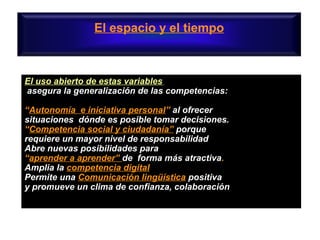El espacio y el tiempo
El uso abierto de estas variables
asegura la generalización de las competencias:
“Autonomía e iniciativa personal” al ofrecer
situaciones dónde es posible tomar decisiones.
“Competencia social y ciudadanía” porque
requiere un mayor nivel de responsabilidad
Abre nuevas posibilidades para
“aprender a aprender” de forma más atractiva.
Amplia la competencia digital
Permite una Comunicación lingüística positiva
y promueve un clima de confianza, colaboración
 