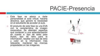 PACIE-Presencia
   Esta fase se aboca a darle
    personalidad al aula virtual, hacerla
    atractiva, que genere la necesidad
    en el estudiante de acceder al aula.
   El producto de esta fase es una EVA
    con la característica de imagen
    corporativa. Se atienden aspectos
    que conlleven a una estandarización
    en cuanto a: tipo de texto para
    títulos, tipo de letra para la
    información, resaltar con tipo de letra
    y color en la información más
    relevante, mantener las mismas
    propiedades en las imágenes.
 