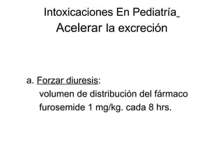Intoxicaciones En Pediatría   Acelerar   la excreción a.  Forzar diuresis :  volumen de distribución del fármaco furosemide 1 mg/kg. cada 8 hrs.  