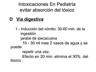 Intoxicaciones En Pediatría evitar absorción del tóxico D  Vía digestiva   1.- Inducción del vómito: 30-60 min. de la  ingestión jarabe de ipecacuana  10 - 30 ml mas 2 vasos de agua y se puede repetir una vez.  Efecto en 20 min. elimina el 30%  del tóxico . 