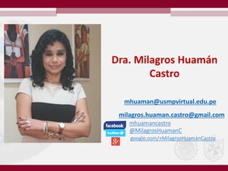 mhuamancastro
@MilagrosHuamanC
google.com/+MilagrosHuamánCastro
Dra. Milagros Huamán
Castro
mhuaman@usmpvirtual.edu.pe
milagros.huaman.castro@gmail.com
 