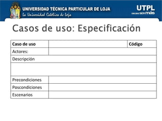 Caso de uso Código Actores: Descripción Precondiciones Poscondiciones Escenarios 