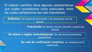 El método científico tiene algunas características
que suelen considerarse como esenciales, entre
las cuales señalaremos las más importantes:
Esfáctico: Su fuente de información y de respuestas son los
hechos.
Trasciende los hechos conoce, aprende y explica los
hechos.
Se atiene a reglas metodológicas: Se vale de procedimientos
establecidos.
Se vale de verificación empírica, se contrasta con la
experiencia.
 