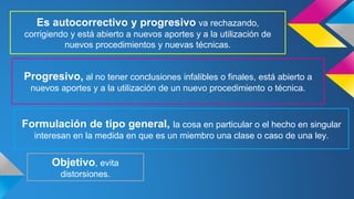 Es autocorrectivo y progresivo va rechazando,
corrigiendo y está abierto a nuevos aportes y a la utilización de
nuevos procedimientos y nuevas técnicas.
Progresivo, al no tener conclusiones infalibles o finales, está abierto a
nuevos aportes y a la utilización de un nuevo procedimiento o técnica.
Formulación de tipo general, la cosa en particular o el hecho en singular
interesan en la medida en que es un miembro una clase o caso de una ley.
Objetivo, evita
distorsiones.
 