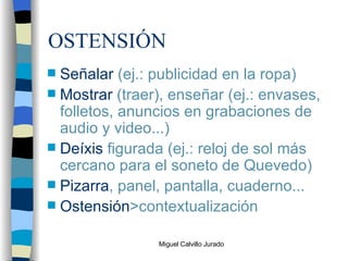 OSTENSIÓN Señalar  (ej.: publicidad en la ropa) Mostrar  (traer), enseñar (ej.: envases, folletos, anuncios en grabaciones de audio y video...) Deíxis  figurada (ej.: reloj de sol más cercano para el soneto de Quevedo) Pizarra , panel, pantalla, cuaderno... Ostensión >contextualización 