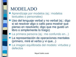 MODELADO Aprendizaje por modelos (ej.: modelos textuales o personales) Uso del lenguaje verbal y no verbal (ej.: digo si sé resolver algo o callo para mostrar que pienso en resolverlo; digo que me gustó un libro o simplemente lo traigo) La primera persona (ej.: me confundo en...) La representación de operaciones mentales (primero, miré el verbo y vi que...) La imagen equilibrada del modelo: virtudes y defectos 