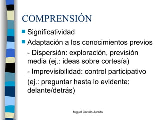 COMPRENSIÓN Significatividad Adaptación a los conocimientos previos - Dispersión: exploración, previsión media (ej.: ideas sobre cortesía) - Imprevisibilidad: control participativo (ej.: preguntar hasta lo evidente: delante/detrás) 