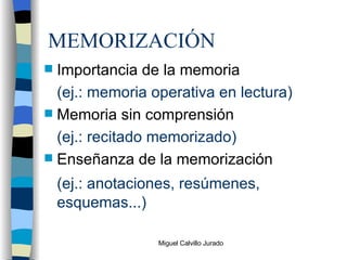 MEMORIZACIÓN Importancia de la memoria (ej.: memoria operativa en lectura) Memoria sin comprensión  (ej.: recitado memorizado) Enseñanza de la memorización (ej.: anotaciones, resúmenes, esquemas...) 