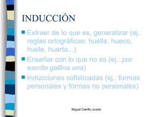 INDUCCIÓN Extraer de lo que es, generalizar (ej.: reglas ortográficas: huella, hueco, huele, huerta...) Enseñar con lo que no es (ej.:  por escrito gallina una ) Inducciones sofisticadas (ej.: formas personales y formas no personales) 