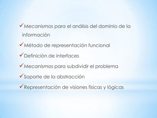 Mecanismos para el análisis del dominio de la
 información

Método de representación funcional
Definición de interfaces
Mecanismos para subdividir el problema
Soporte de la abstracción
Representación de visiones físicas y lógicas
 