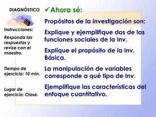 DIAGNÓSTICO Ahora sé:
Propósitos de la investigación son:
Explique y ejemplifique dos de las
funciones sociales de la Inv.
Explique el propósito de la Inv.
Básica.
La manipulación de variables
corresponde a qué tipo de Inv.
Ejemplifique las características del
enfoque cuantitativo.
Instrucciones:
Responda las
respuestas y
revise con el
maestro.
Tiempo de
ejercicio: 10 min.
Lugar de
ejercicio: Clase.
 