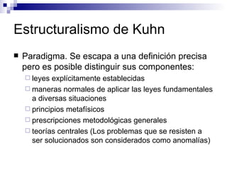 Estructuralismo de Kuhn Paradigma. Se escapa a una definición precisa pero es posible distinguir sus componentes: leyes explícitamente establecidas maneras normales de aplicar las leyes fundamentales a diversas situaciones principios metafísicos prescripciones metodológicas generales teorías centrales (Los problemas que se resisten a ser solucionados son considerados como anomalías) 