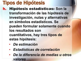 Tipos de Hipótesis
h. Hipótesis estadísticas: Son la
transformación de las hipótesis de
investigación, nulas y alternativas
en símbolos estadísticos. Se
pueden formular solamente cuando
los resultados son
cuantitativos, hay tres tipos de
estas hipótesis:
• De estimación
• Estadísticas de correlación
• De la diferencia de medias u otros
valores

 