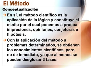 El Método
Conceptualización

➔ En sí, el método científico es la
aplicación de la lógica y constituye el
medio por el cual ponemos a prueba
impresiones, opiniones, conjeturas e
hipótesis.
➔ Con la aplicación del método a
problemas determinados, se obtienen
los conocimientos científicos, pero
no de inmediato, ya que al menos se
pueden desglosar 3 fases.

 