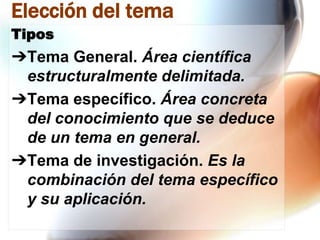 Elección del tema
Tipos

➔Tema General. Área científica
estructuralmente delimitada.
➔Tema específico. Área concreta
del conocimiento que se deduce
de un tema en general.
➔Tema de investigación. Es la
combinación del tema específico
y su aplicación.

 