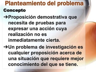 Planteamiento del problema
Concepto

➔Proposición demostrativa que
necesita de pruebas para
expresar una acción cuya
realización no es
inmediatamente cierta.
➔Un problema de investigación es
cualquier proposición acerca de
una situación que requiere mejor
conocimiento del que se tiene.

 