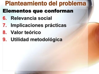 Planteamiento del problema
Elementos que conforman
6. Relevancia social
7. Implicaciones prácticas
8. Valor teórico
9. Utilidad metodológica

 