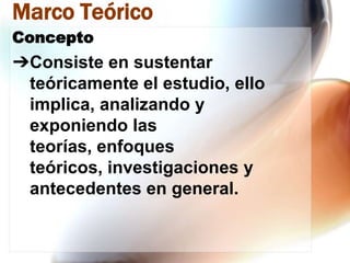 Marco Teórico
Concepto

➔Consiste en sustentar
teóricamente el estudio, ello
implica, analizando y
exponiendo las
teorías, enfoques
teóricos, investigaciones y
antecedentes en general.

 