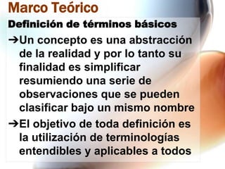 Marco Teórico
Definición de términos básicos

➔Un concepto es una abstracción
de la realidad y por lo tanto su
finalidad es simplificar
resumiendo una serie de
observaciones que se pueden
clasificar bajo un mismo nombre
➔El objetivo de toda definición es
la utilización de terminologías
entendibles y aplicables a todos

 
