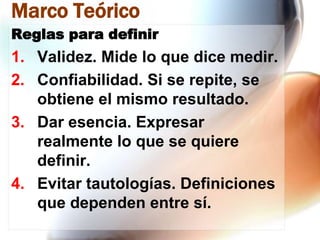 Marco Teórico
Reglas para definir

1. Validez. Mide lo que dice medir.
2. Confiabilidad. Si se repite, se
obtiene el mismo resultado.
3. Dar esencia. Expresar
realmente lo que se quiere
definir.
4. Evitar tautologías. Definiciones
que dependen entre sí.

 