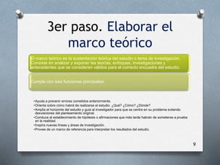 3er paso. Elaborar el
marco teórico
9
El marco teórico es la sustentación teórica del estudio o tema de investigación.
Consiste en analizar y exponer las teorías, enfoques, investigaciones y
antecedentes que se consideren válidos para el correcto encuadre del estudio.
Cumple con seis funciones principales:
•Ayuda a prevenir errores cometidos anteriormente.
•Orienta sobre cómo habrá de realizarse el estudio. ¿Qué? ¿Cómo? ¿Dónde?
•Amplía el horizonte del estudio y guía al investigador para que se centre en su problema evitando
desviaciones del planteamiento original.
•Conduce al establecimiento de hipótesis o afirmaciones que más tarde habrán de someterse a prueba
en la realidad.
•Inspira nuevas líneas y áreas de investigación.
•Provee de un marco de referencia para interpretar los resultados del estudio.
 