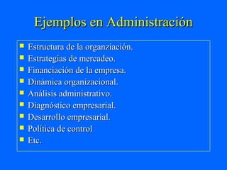 Ejemplos en Administración
   Estructura de la organziación.
   Estrategias de mercadeo.
   Financiación de la empresa.
   Dinámica organizacional.
   Análisis administrativo.
   Diagnóstico empresarial.
   Desarrollo empresarial.
   Política de control
   Etc.
 