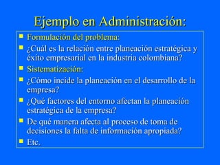 Ejemplo en Administración:
   Formulación del problema:
   ¿Cuál es la relación entre planeación estratégica y
    éxito empresarial en la industria colombiana?
   Sistematización:
   ¿Cómo incide la planeación en el desarrollo de la
    empresa?
   ¿Qué factores del entorno afectan la planeación
    estratégica de la empresa?
   De qué manera afecta al proceso de toma de
    decisiones la falta de información apropiada?
   Etc.
 