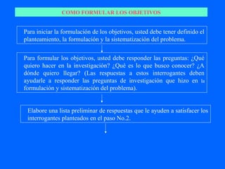COMO FORMULAR LOS OBJETIVOS


Para iniciar la formulación de los objetivos, usted debe tener definido el
planteamiento, la formulación y la sistematización del problema.


Para formular los objetivos, usted debe responder las preguntas: ¿Qué
quiero hacer en la investigación? ¿Qué es lo que busco conocer? ¿A
dónde quiero llegar? (Las respuestas a estos interrogantes deben
ayudarle a responder las preguntas de investigación que hizo en la
formulación y sistematización del problema).


 Elabore una lista preliminar de respuestas que le ayuden a satisfacer los
 interrogantes planteados en el paso No.2.
 