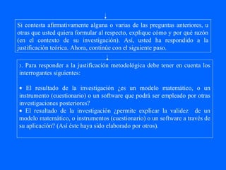 Si contesta afirmativamente alguna o varias de las preguntas anteriores, u
otras que usted quiera formular al respecto, explique cómo y por qué razón
(en el contexto de su investigación). Así, usted ha respondido a la
justificación teórica. Ahora, continúe con el siguiente paso.

3. Para responder a la justificación metodológica debe tener en cuenta los
interrogantes siguientes:

• El resultado de la investigación ¿es un modelo matemático, o un
instrumento (cuestionario) o un software que podrá ser empleado por otras
investigaciones posteriores?
• El resultado de la investigación ¿permite explicar la validez de un
modelo matemático, o instrumentos (cuestionario) o un software a través de
su aplicación? (Así éste haya sido elaborado por otros).
 