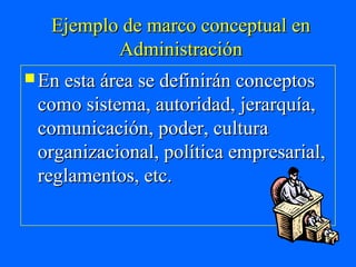 Ejemplo de marco conceptual en
          Administración
 En esta área se definirán conceptos
 como sistema, autoridad, jerarquía,
 comunicación, poder, cultura
 organizacional, política empresarial,
 reglamentos, etc.
 